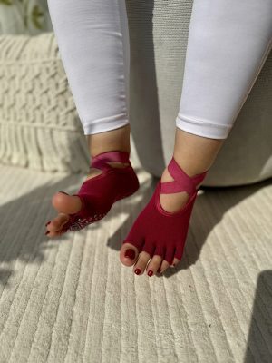 جوراب پیلاتس/یوگا مدل انگشتی باز بند ضربدری